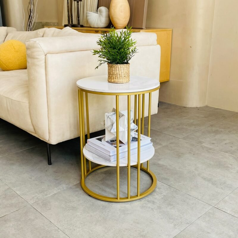 Round Marble Accent Table End 2 Tiers Storage Table Gold Metal Frame Nightstand for Living Room, Bedroom 2
