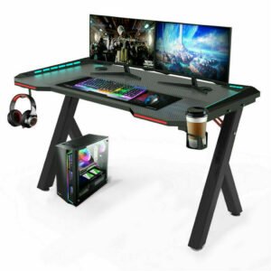 Gaming Desk PC Computer Gamer Desk Ergonomic Workstation with RGB LED Lights Headphone Hook Cup Holder for Home Offices 1