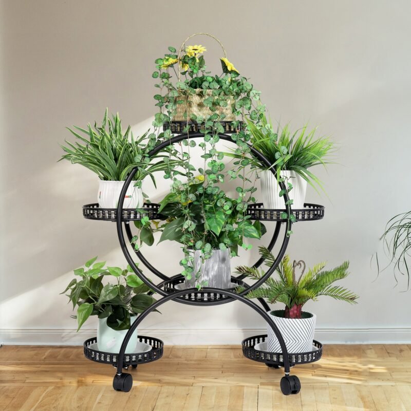 6 Pot Metal Plant Stand Multi-Layer Plant Holder Flower Pot Rack with Wheels for Garden Yard Indoor Outdoor 3