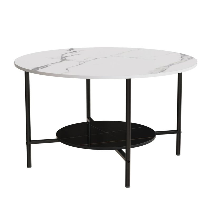 2 Tier Round Coffee Table Modern High End Sintered Stone Desk Home Furniture Table Metal Frame for Living Room, Bedroom 3
