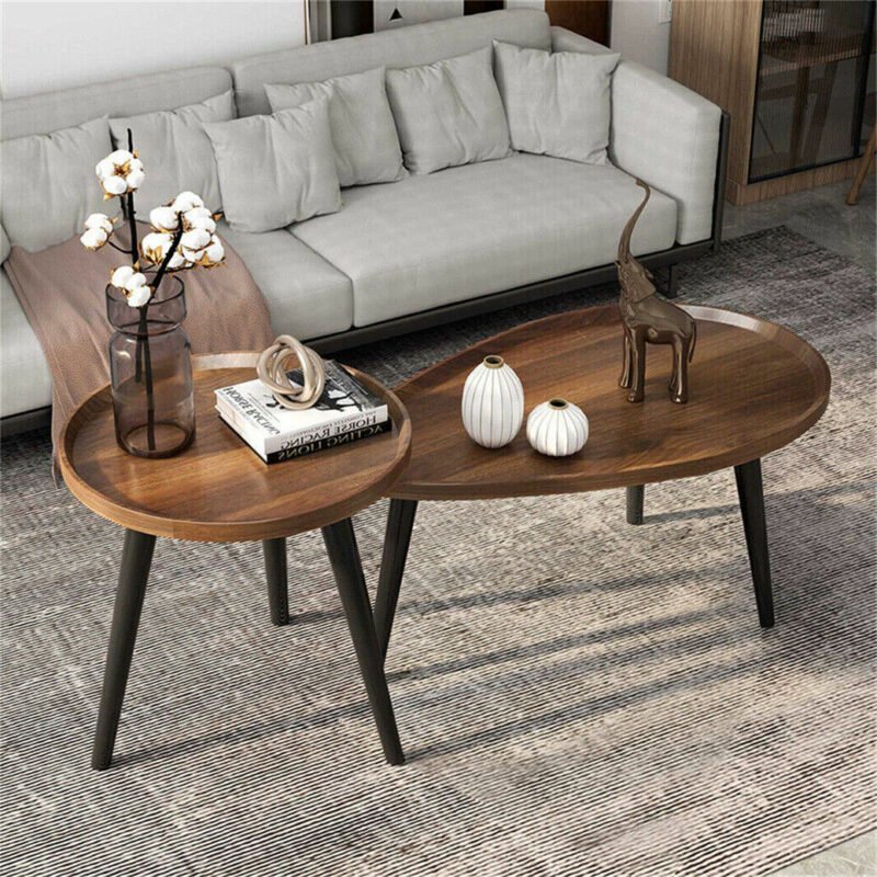 Round Coffee Table Set of 2 Rustic for Living Room Modern Nesting Tables for Balcony Office with Wood Table Top And Metal Legs 2