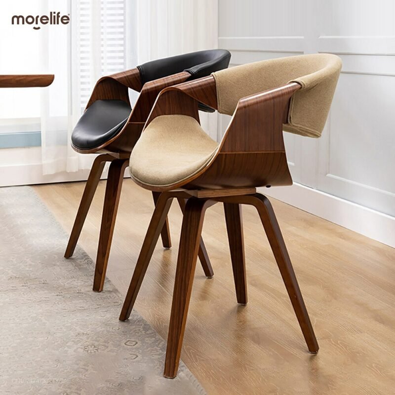 Nordic Dining Chairs Home Furniture Simple Solid Wood Linen Ins Designer Armchair Leather Leisure Backrest Hollow Backrest Chair 2