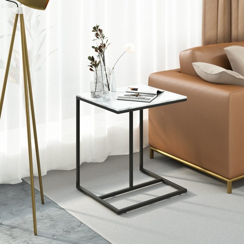 Snack Side Table C Shaped End Table Sintered Stone Tabletop Metal Frame for Sofa Bed for Living Room Bedroom 3