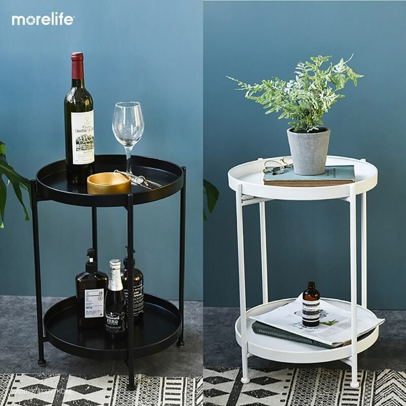 Nordic Simple Iron Double Layer Small Tea Table Corners Round Coffee Table Living Room Mini Sofa Side Table 3