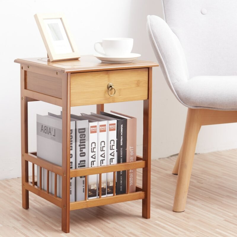 Bamboo Bedside Table with Drawer Bedroom Nightstand Plant Storage Shelving Unit 1