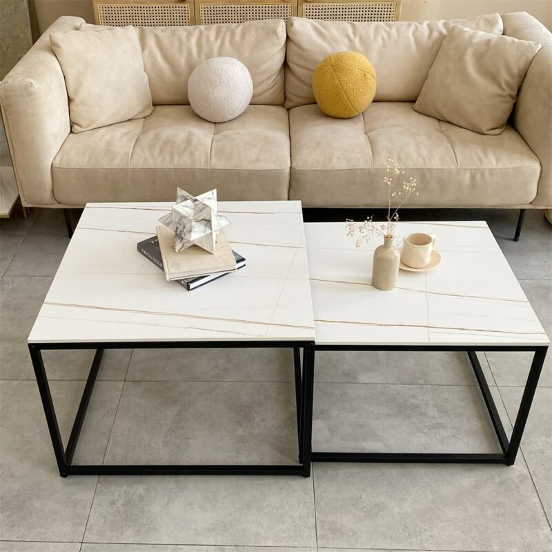 Modern Nesting Coffee Table Set of 2 for Living Room Center Office, Square Marble Cocktail Table with Stackable, White/Black 2