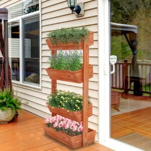 4-Tier Raised Garden Bed, Vertical Flower Pots Rack with Detachable Ladder and Adjustable Shelf, Wooden Elevated Planters Stand 1