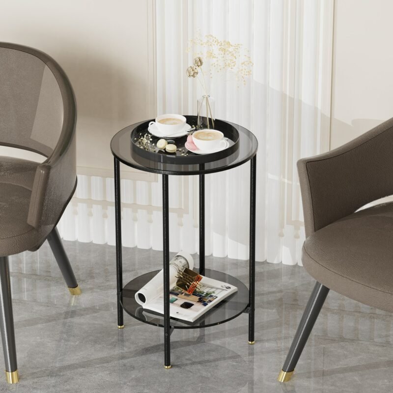 2-Tier Round Coffee Table Glass Simple Modern Center Table for Living Room Home, Sofa Side Table with Metal Steel Frame 3
