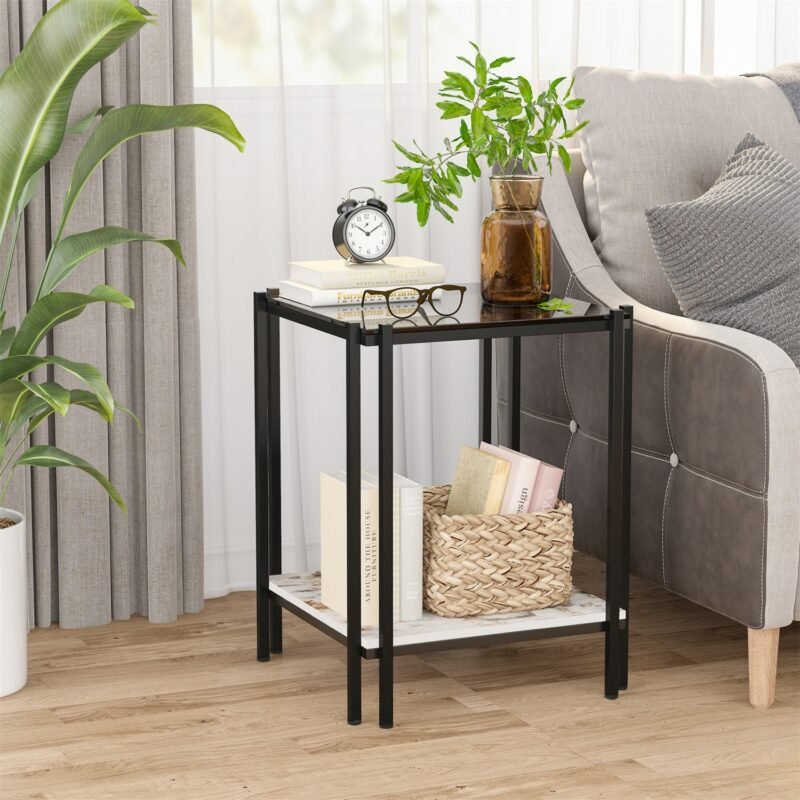 Modern End Table Living Room Side Table Glass with Black Painted Metal Frame Nightstand with Sintered Stone Shelf 2
