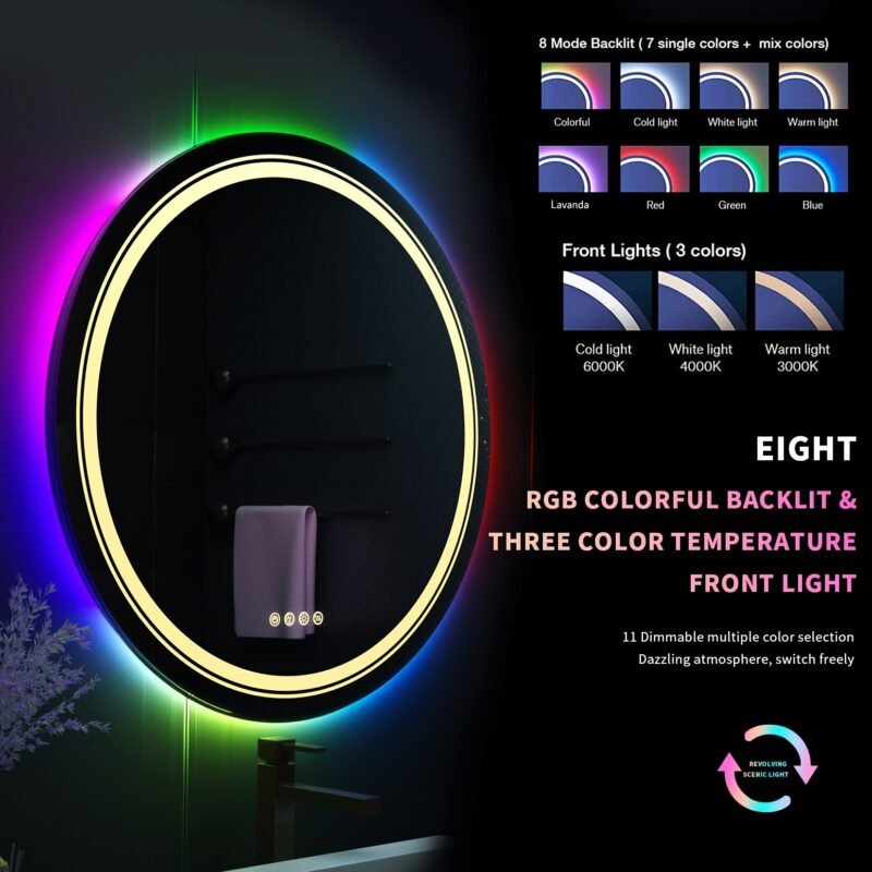 Large Round Lighted Bathroom Mirror RGB Color Changing LED Mirror Dimmable Anti-Fog Backlit Mirror RGB Multicolor Backlit 3