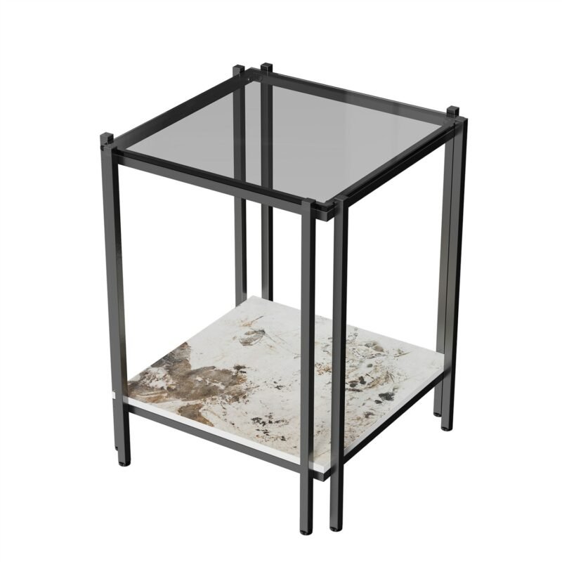 Modern End Table Living Room Side Table Glass with Black Painted Metal Frame Nightstand with Sintered Stone Shelf 6