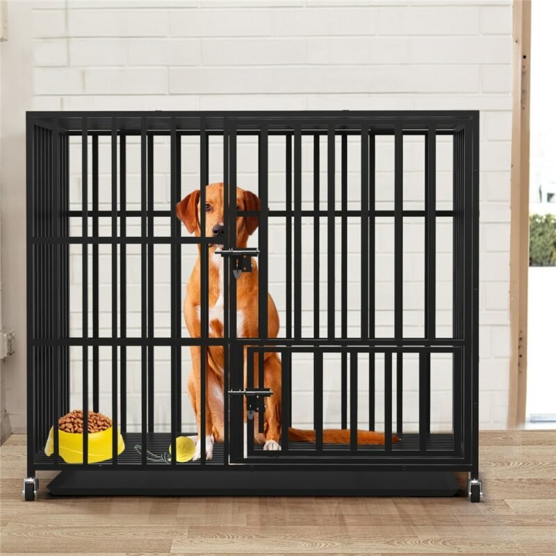 37” 42” 46” Heavy Duty Dog Cage Metal Pet Dog Crate 3 Doors Locks Design Kennel Playpen with 4 Lockable Wheels Removable Tray 2