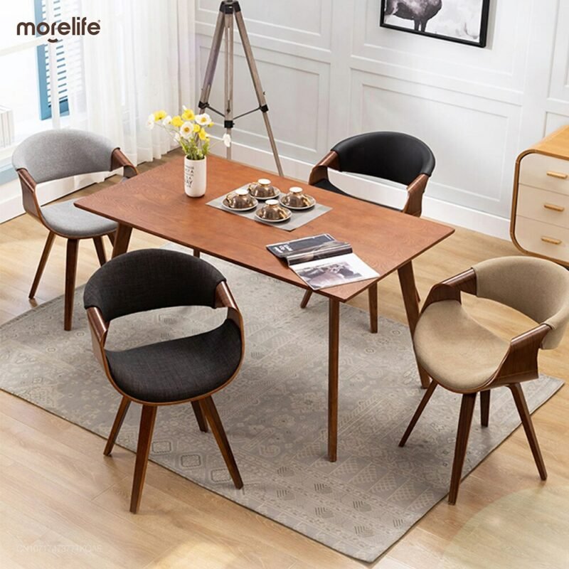 Nordic Dining Chairs Home Furniture Simple Solid Wood Linen Ins Designer Armchair Leather Leisure Backrest Hollow Backrest Chair 3