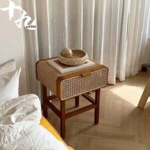 MOMO Korea Ins Real Rattan Solid Wood Bedside Table Rattan Handmade Bedside Table New Chinese Coffee Table Retro Small Cabinet 1