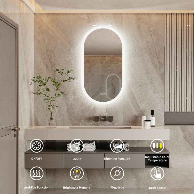 Led Bathroom Mirror for Wall Mounted Oval Lighted Vanity Mirror with Lights Backlit, Frameless Wall Mirror with Lights Anti-Fog 3