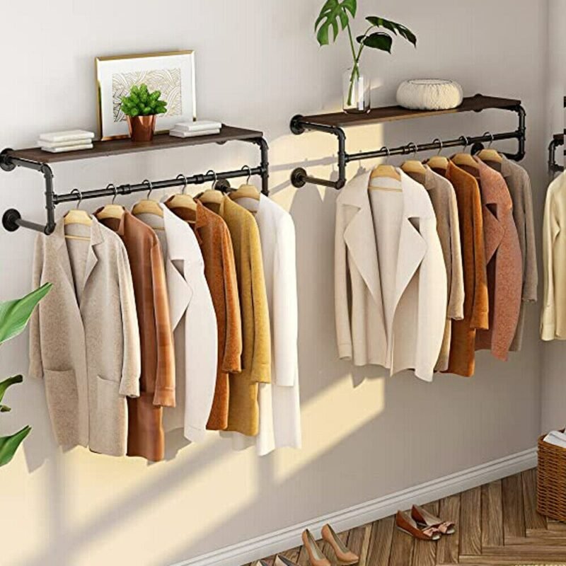 Industrial Pipe Clothing Rack Wall Mounted Wood Shelf Pipe Shelving Floating Shelves Retail Garment Rack Display Racks 2