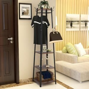 8 Hook Freestanding Coat Rack With Storage Shelves Hall Trees for Scarves, Bags and Umbrellas 1