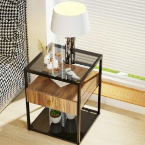 Tempered Glass Side Table, Nightstand, with Drawer and Shelf, Decoration in Living Room, Stable Steel Frame 1