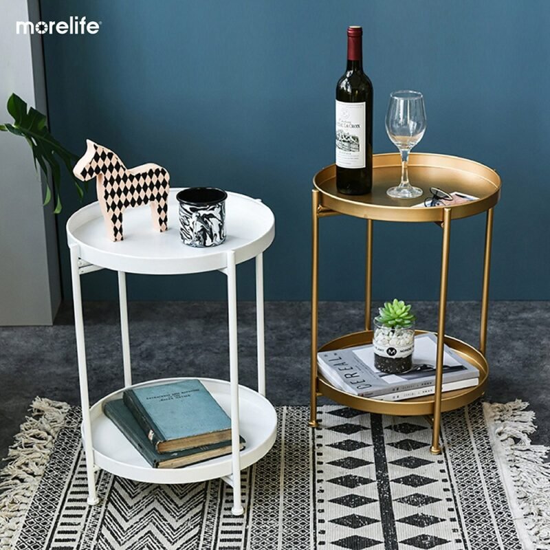 Nordic Simple Iron Double Layer Small Tea Table Corners Round Coffee Table Living Room Mini Sofa Side Table 2