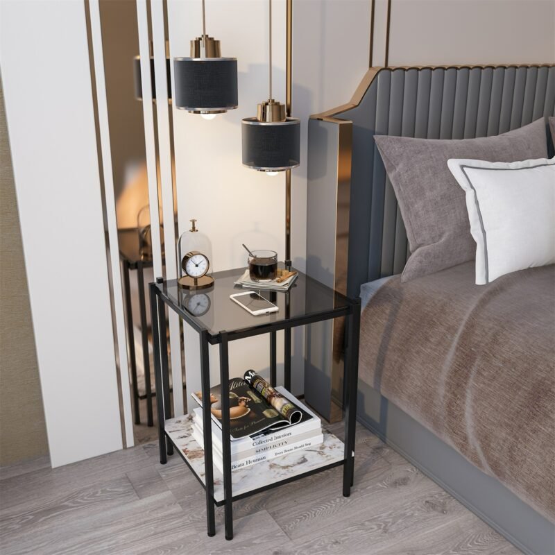 Modern End Table Living Room Side Table Glass with Black Painted Metal Frame Nightstand with Sintered Stone Shelf 4