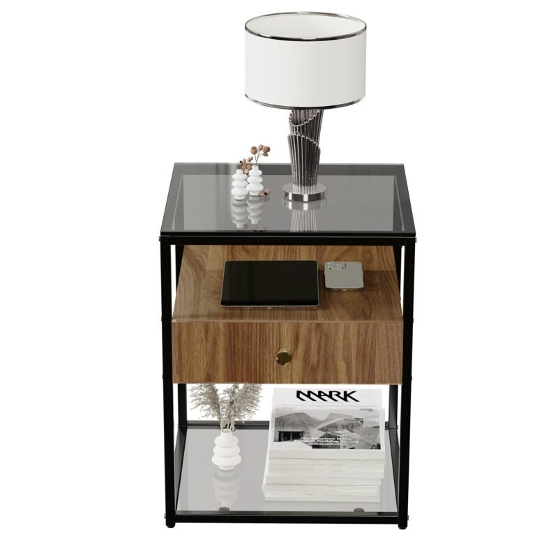 Tempered Glass Side Table, Nightstand, with Drawer and Shelf, Decoration in Living Room, Stable Steel Frame 5