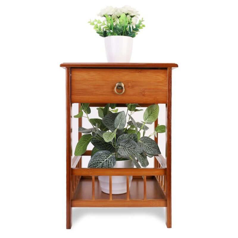 Bamboo Bedside Table with Drawer Bedroom Nightstand Plant Storage Shelving Unit 3