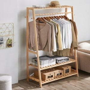 Bamboo Garment Coat Clothes Hanging Heavy Duty Rack with top shelf and 2-tier Shoe Clothing Storage Organizer Shelves 1