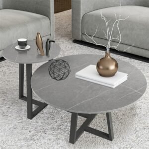 Round Modern Marble Nesting Coffee Set of 2, Stacking Living Room Accent Tables Furniture Sintered Stone Tabletop End Table 1