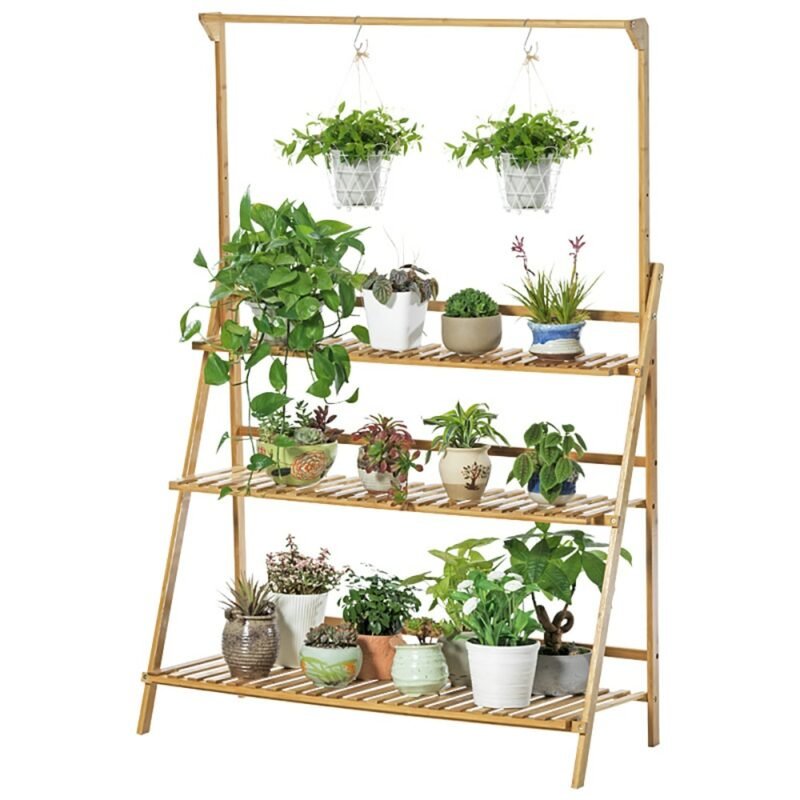 100cm 3 Tier Foldable Bamboo Flower Pot Plants Display Shelf Planter Organizer for Outdoor Indoor 3