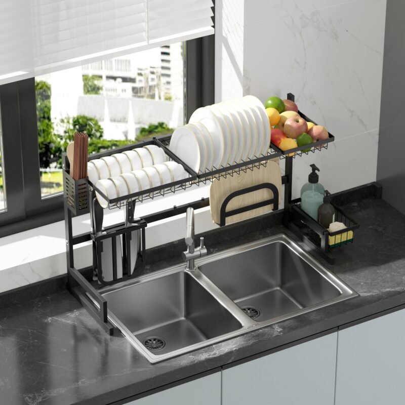 Adjustable Large Dish Drying Rack Metal Over the Sink Storage 2-Tier Kitchen Organizer with Utensils Holder, Chopstick Holder 3