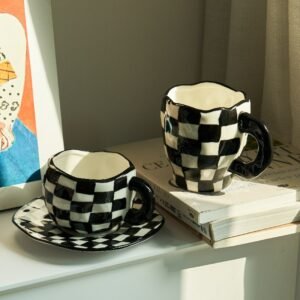 Chessboard Cup Irregular Handmade Ceramic Mug Coffee Tea Milk Water Cup Pink Girl Cup with Tray Cute Cup 1