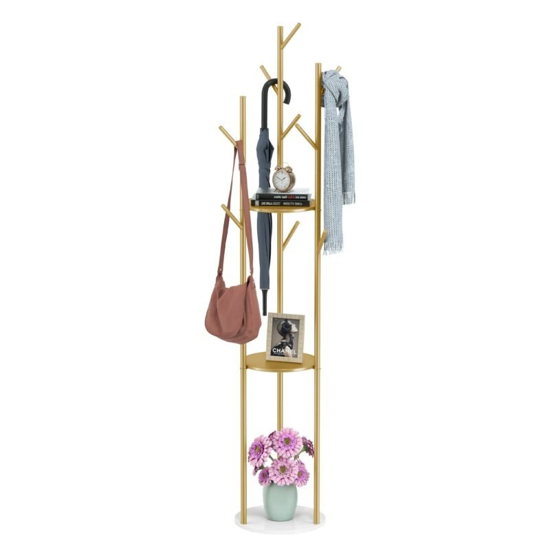 Marble Metal Coat Rack Freestanding with 3 Storage Shelves and 9 Hooks, Enterway Hall Tree for Hanging Coats, Jackets, Hats, Bag 5