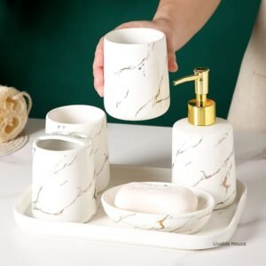 Marbling Ceramic Bathroom Wash Supplies Lotion Bottle Mouth Cup Set Toothbrush Holder Soap Dish with Tray Bathroom 5-piece Set 1