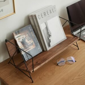 MOMO Nordic Japanese-style Desktop Wrought Iron Solid Wood Small Bookshelf Books Simple Storage Shelf Desk Shelf 1