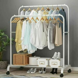 Heavy Duty Clothes Rack Garment Rail Rolling Stand Two Top Rod & Lower Storage 1