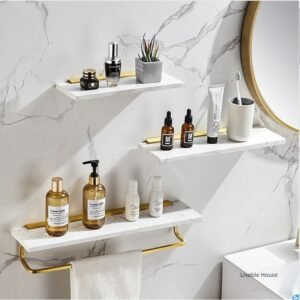 Luxury Golden Metal Towel Rack White Marble Bathroom Storage Shelf Wall Bathroom Mirror Front Cosmetic Storage Rack Metal Shelf 1
