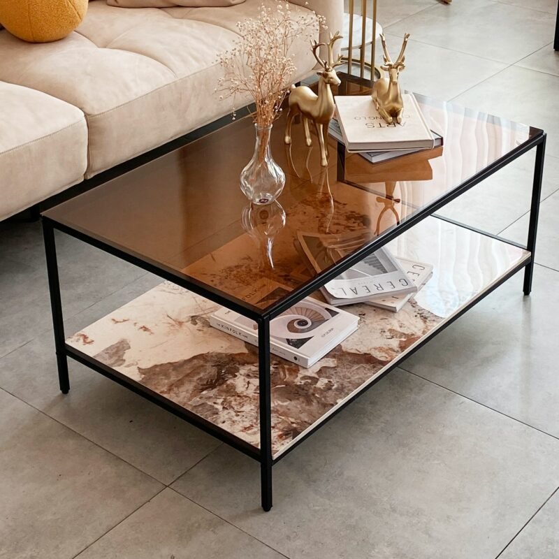 Square Metal and Glass Coffee Table Marble Accent Table Glass Tabletop Sintered Stone Storage Table 2