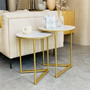 Modern Round Marble Metal Base Nesting Set Side Accent Table Living Room Storage Small End Table, Set of 2, Marble and Gold 1