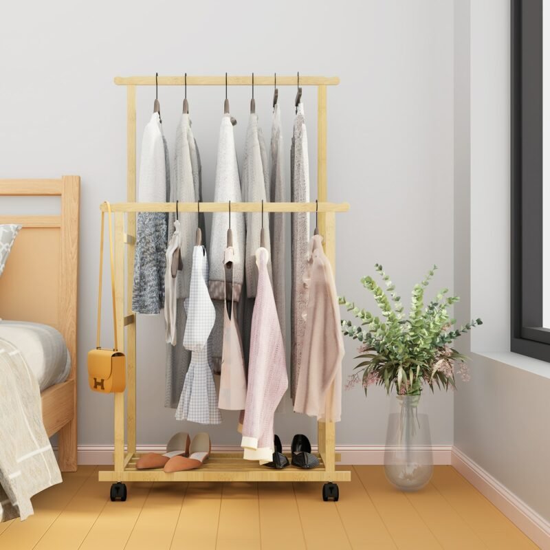 Bamboo Garment Coat Clothes Hanging Heavy Duty Rack with Shoe Clothing Storage Organizer Shelves 1