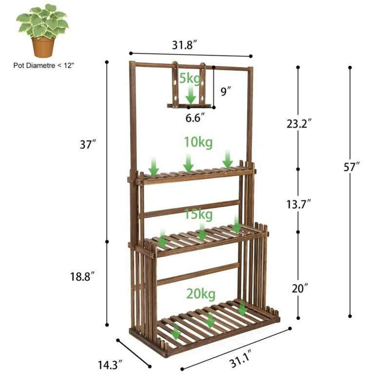 3-Tier Hanging Wood Plant Stand Planter Shelves Flower Pot Organizer Rack Multiple Display Holder Shelf Indoor Outdoor 5