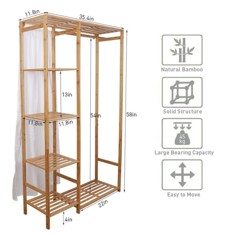 Bamboo Wood Clothing Garment Rack with Shelves Clothes Hanging Rack Stand for Child Kids Adults Cloth Shoe Coat Storage Organize 5