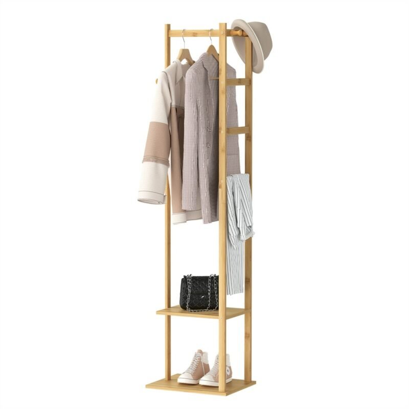 Coat Tree Solid Bamboo Freestanding Coat Rack with Storage Garments Corner Stand with Hooks for Home Bedroom 5