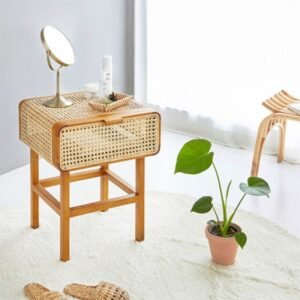 FULLLOVE Simple Retro Bedside Table Home Bedroom Living Room Small Side Cabinet Ins Solid Wood Rattan Shelf Bedroom Furniture 1