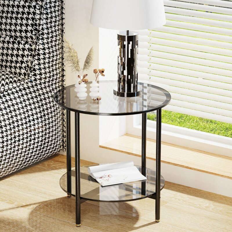 20” Round Coffee Table with Storage 2-Tier, Accent Table,Cocktail Table with Tempered Glass Top 4