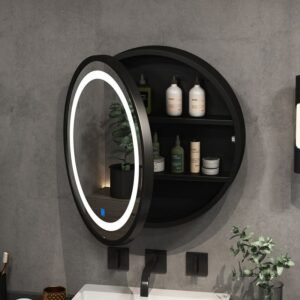 Wall-mounted solid wood oval LED smart bathroom mirror storage box cabinet bathroom toilet wall-mounted round mirror with light 1