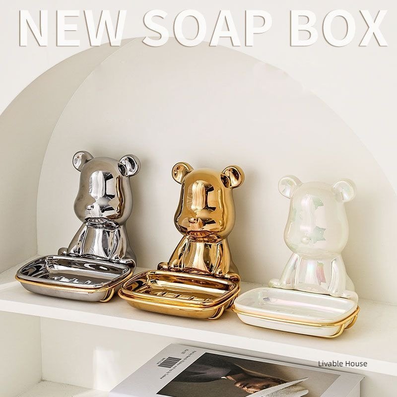 Light Luxury Bear Soap Box ceramics Bathroom Holder Dish golden Storage Drain Plate Tray Shower Supplies Gadgets 1