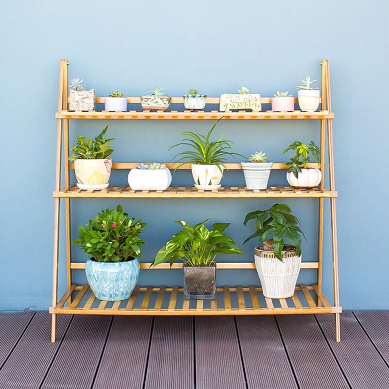 100cm 3 Tier Foldable Bamboo Flower Pot Plants Display Shelf Planter Organizer for Outdoor Indoor 6