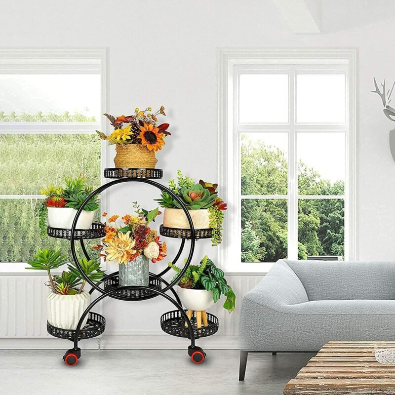 6 Pot Metal Plant Stand Multi-Layer Plant Holder Flower Pot Rack with Wheels for Garden Yard Indoor Outdoor 2