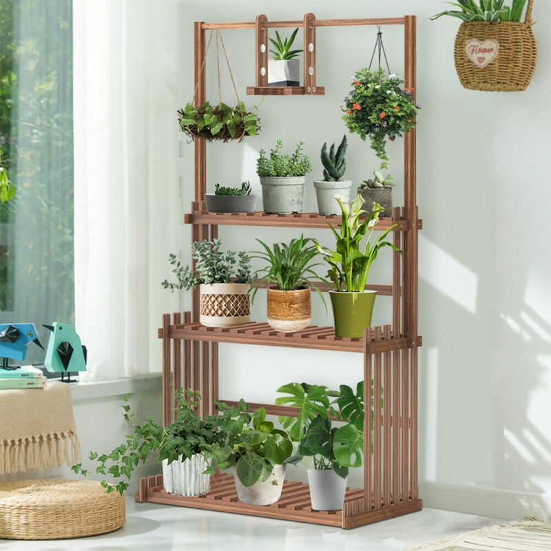 3-Tier Hanging Wood Plant Stand Planter Shelves Flower Pot Organizer Rack Multiple Display Holder Shelf Indoor Outdoor 2