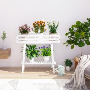 White Plant Shelf Indoor, 2 Tier Tall Plant Stand Table for Multiple Plants, Window Table for Plants 1